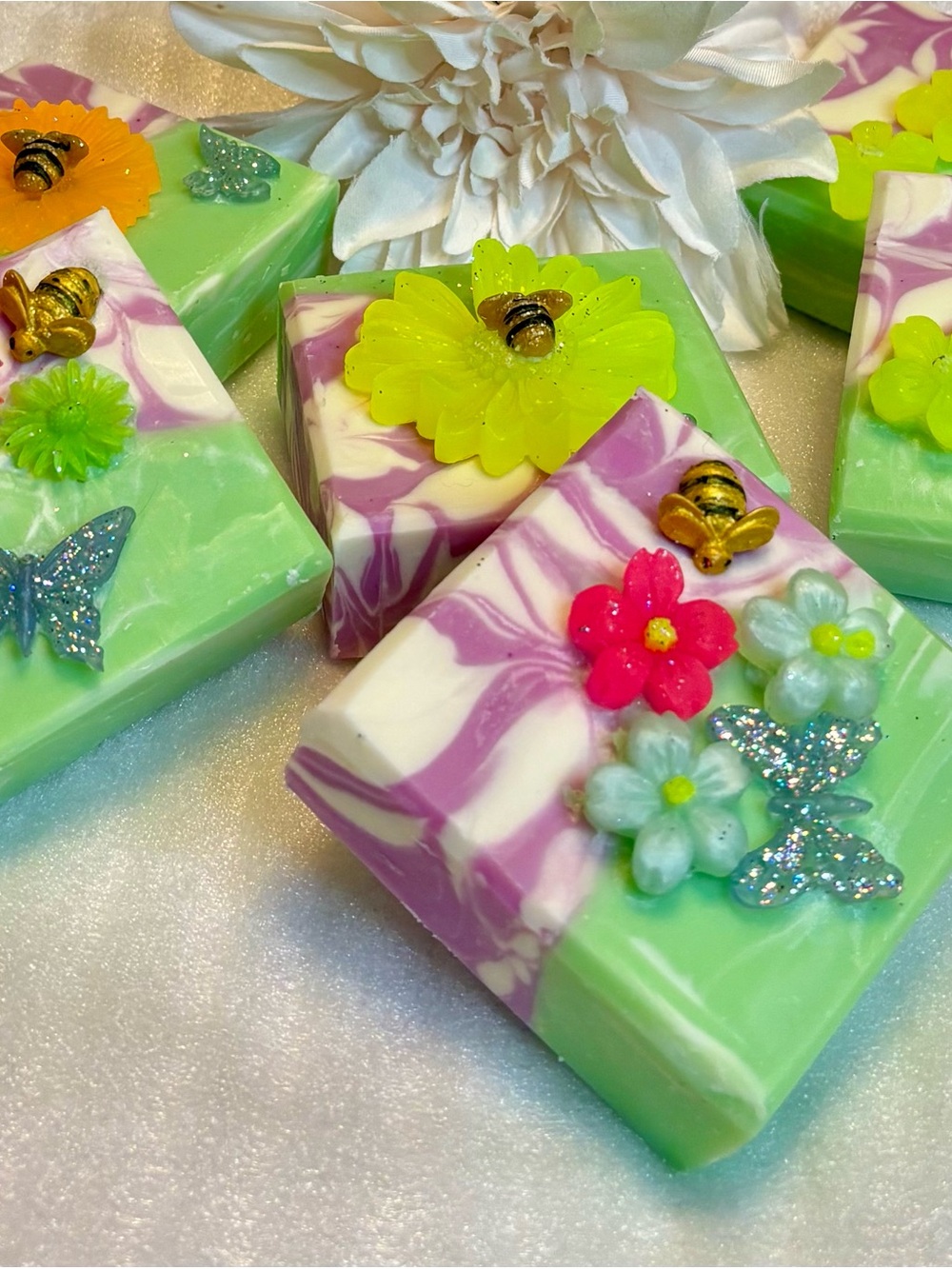 Hand crafted artisan Soap with cute spring bees and butterflies